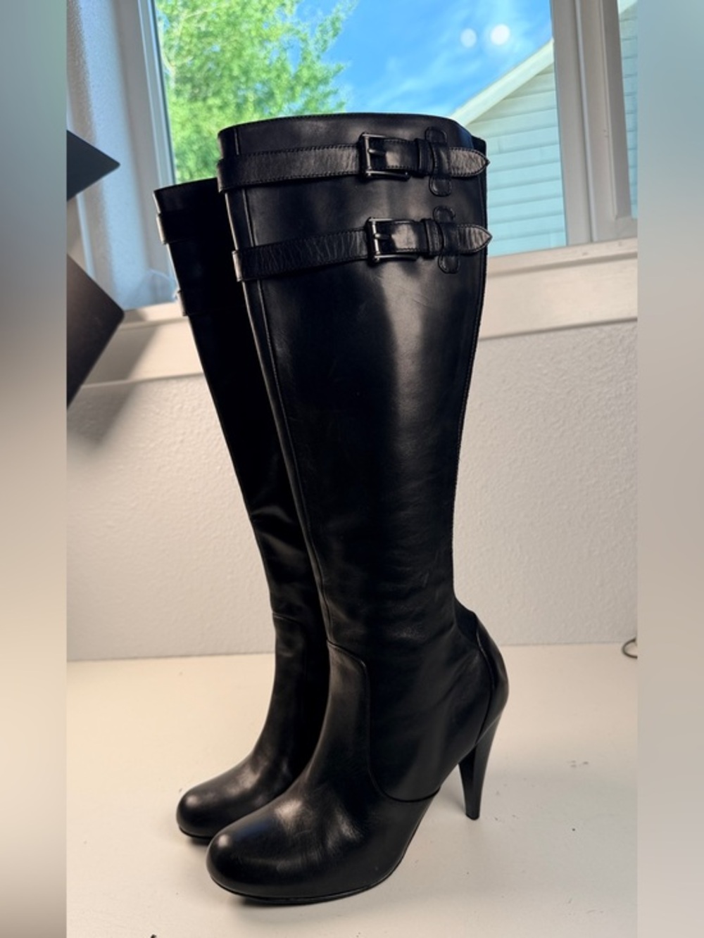 Cole Haan Nike Air Black Leather Knee High Buckle Heel Boots Size 7.5 B sleek